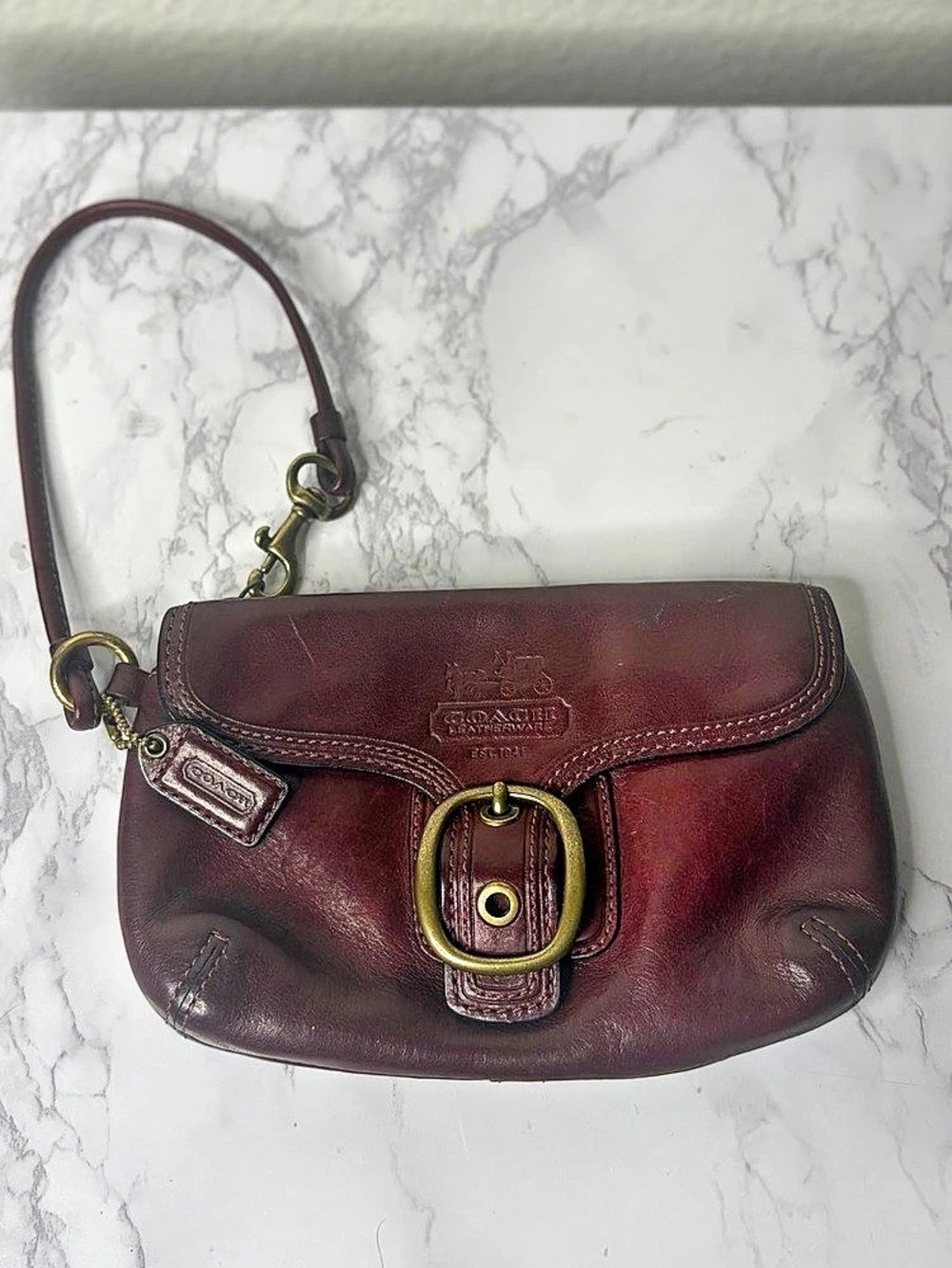Vintage Coach Bleecker Burgundy Leather Buckle Flap Wristlet / Clutch
